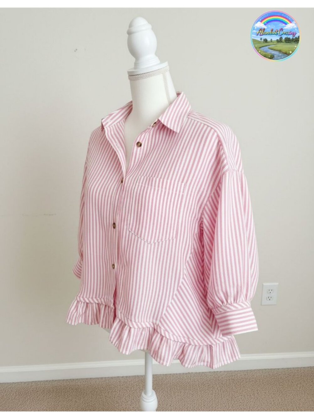Women's Cotton Striped Button Down Cropped 3/4 Sleeve Ruffle Blouse